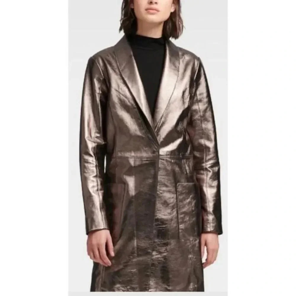 Dkny leather metallic women trench coat